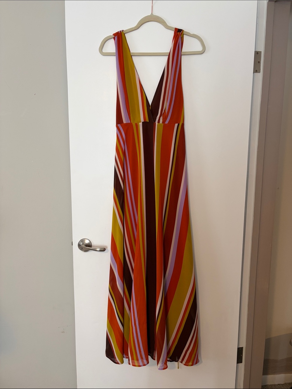 Forever 21 Striped V-Neck Maxi Dress in Red, Mustard, Pink, Brown, Cream